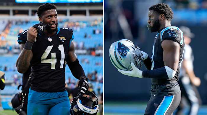 Josh Allen pulls his glove off by biting down on it; Brian Burns holds his helmet